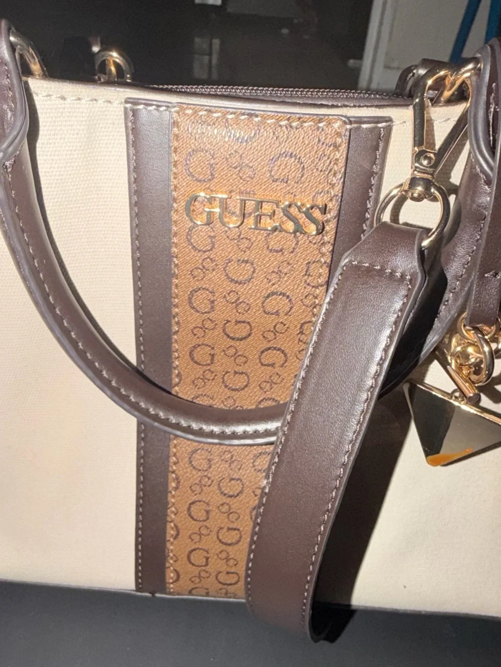 Guess Cream Canvas and Brown Leather-Trim Satchel with Logo Stripe